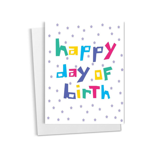 Colorful 'Happy Day of Birth' card on a white background