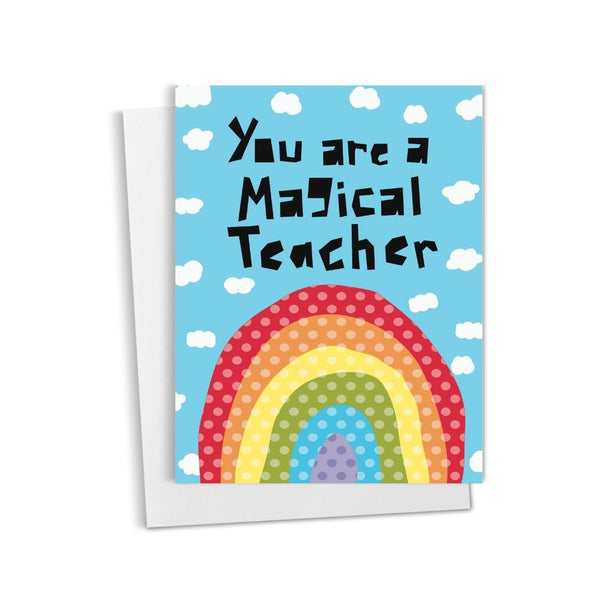 Card with rainbow design and text 'You are a Magical Teacher' on a blue background with white clouds.
